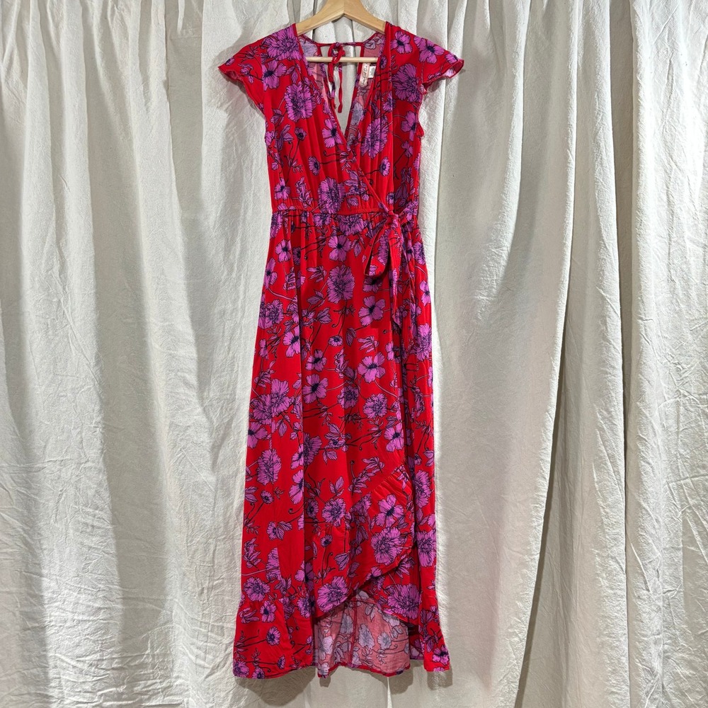 Band of the Free Red Pink Floral Wrap Dress Midi Pockets Flutter Sleeve Small
